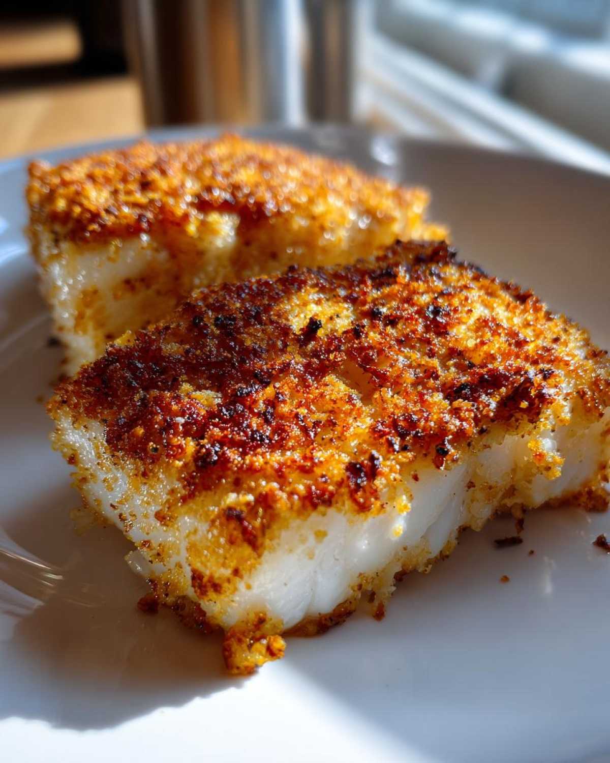 Two golden-brown pieces of Keto Crispy Parmesan Crusted Cod served on a white plate.