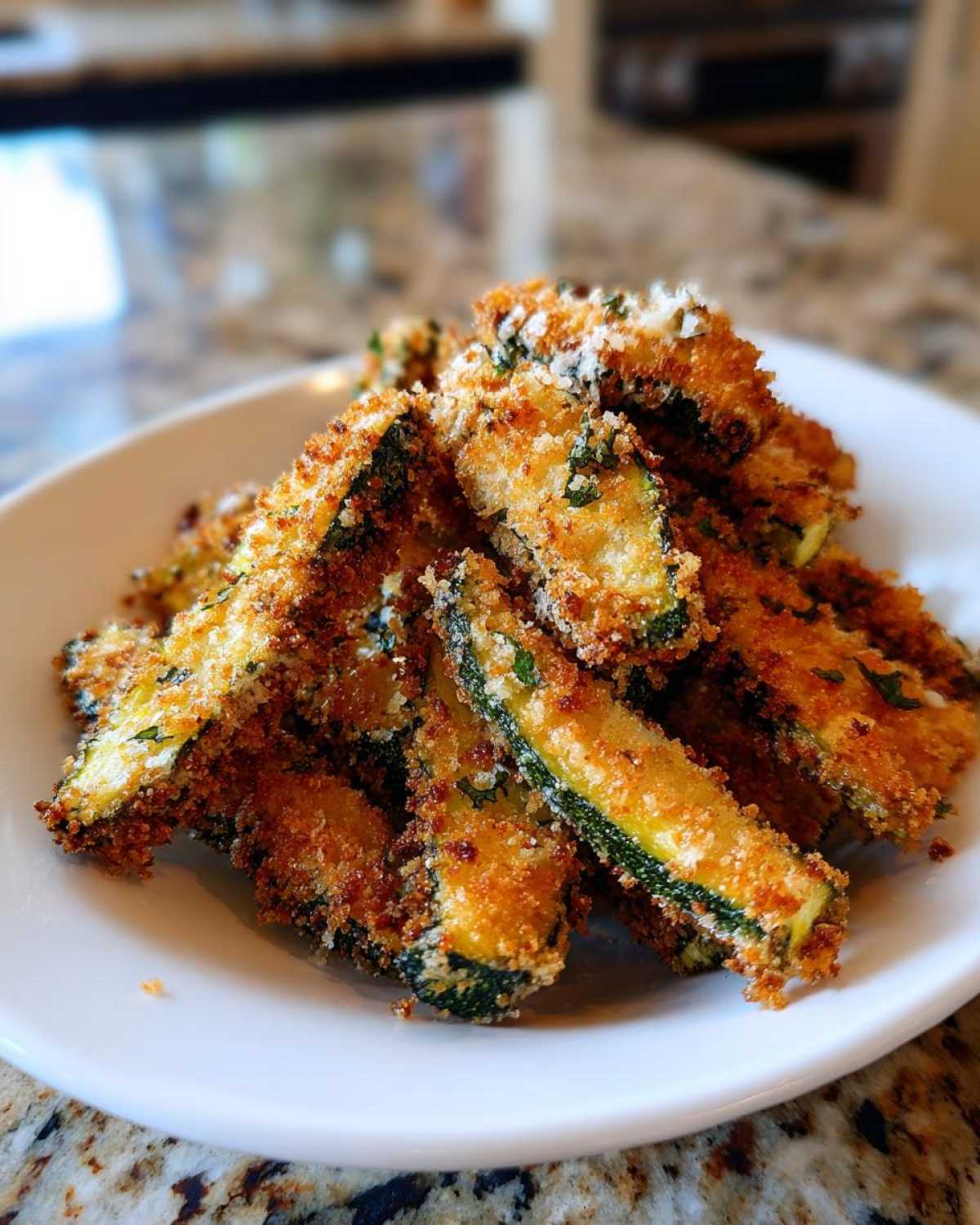 A close-up of golden brown Keto Crispy Parmesan Zucchini Fries piled high on a white plate.