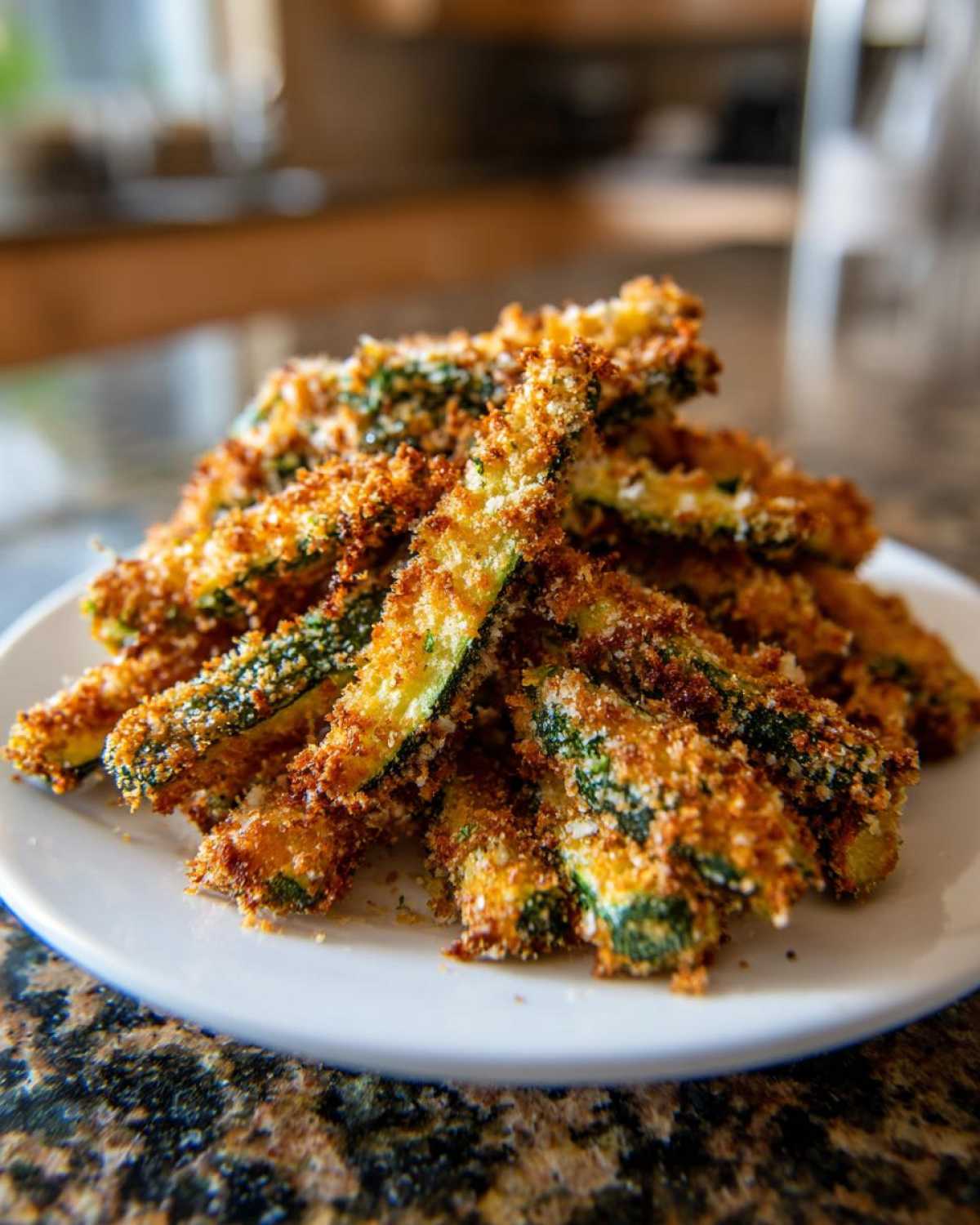 A close-up of a pile of golden brown Keto Crispy Parmesan Zucchini Fries stacked on a white plate.