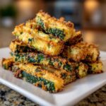 A close-up stack of golden brown, crispy Keto Crispy Parmesan Zucchini Fries on a white rectangular plate.