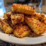 Close-up of a stack of golden brown Keto Crispy Parmesan Zucchini Fries dusted with seasoning on a white plate.