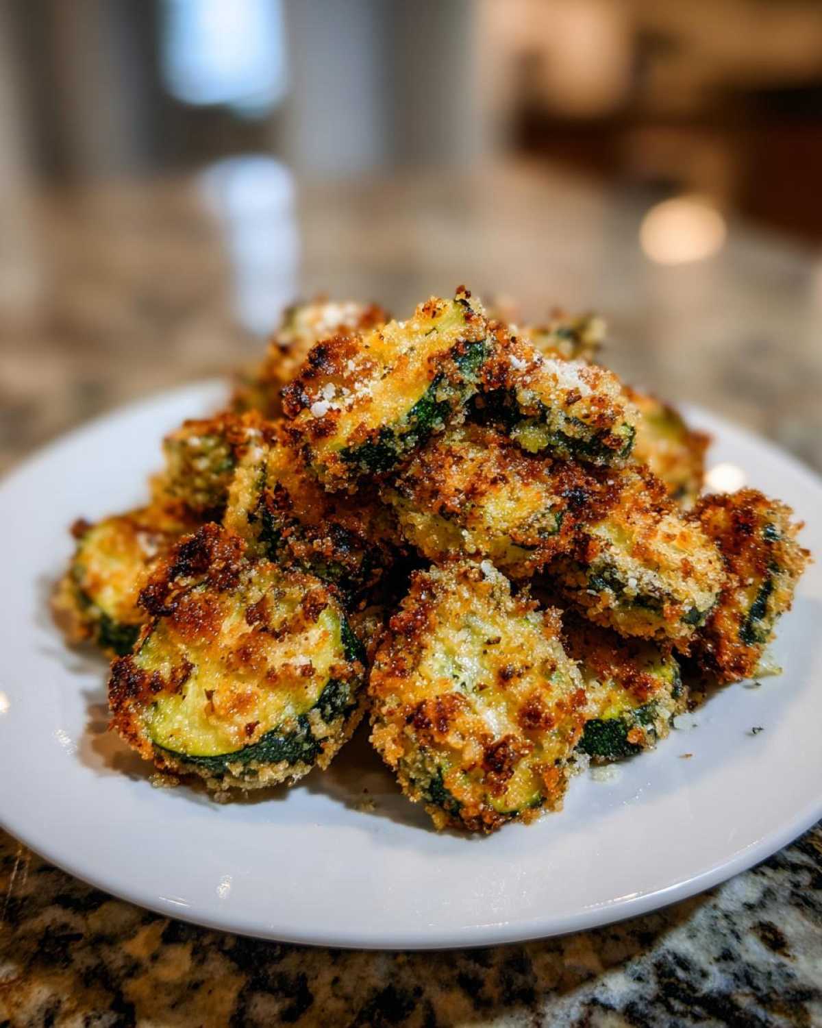 A close-up stack of golden brown Keto Crispy Parmesan Zucchini Fries sprinkled with extra cheese on a white plate.