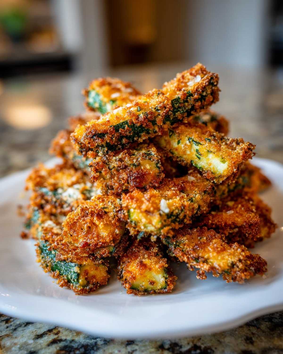 A close-up stack of golden brown Keto Crispy Parmesan Zucchini Fries piled high on a white plate.