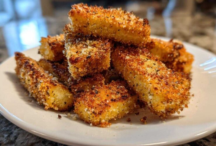 Close-up of a stack of golden brown Keto Crispy Parmesan Zucchini Fries dusted with seasoning on a white plate.