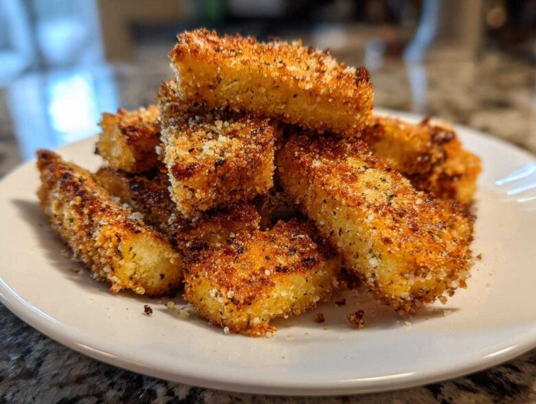 Close-up of a stack of golden brown Keto Crispy Parmesan Zucchini Fries dusted with seasoning on a white plate.