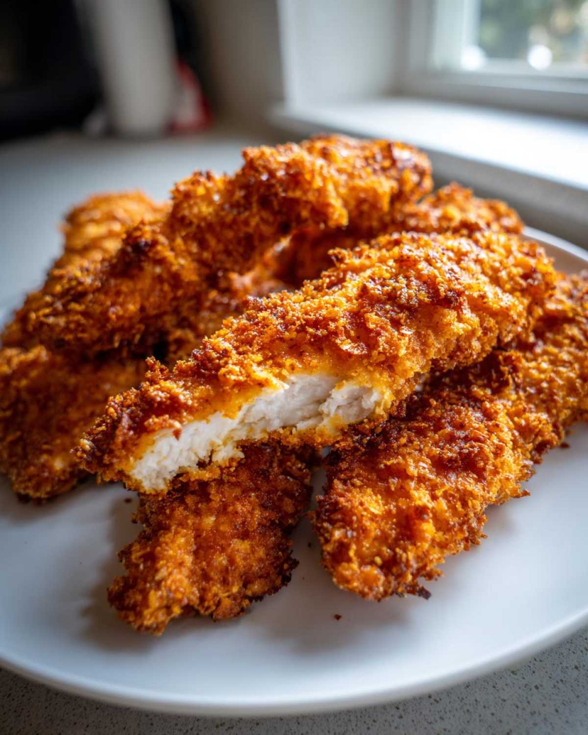 A close-up of golden brown Keto Crispy Pork Rind Chicken Tenders piled on a white plate, one tender is broken open showing white meat.