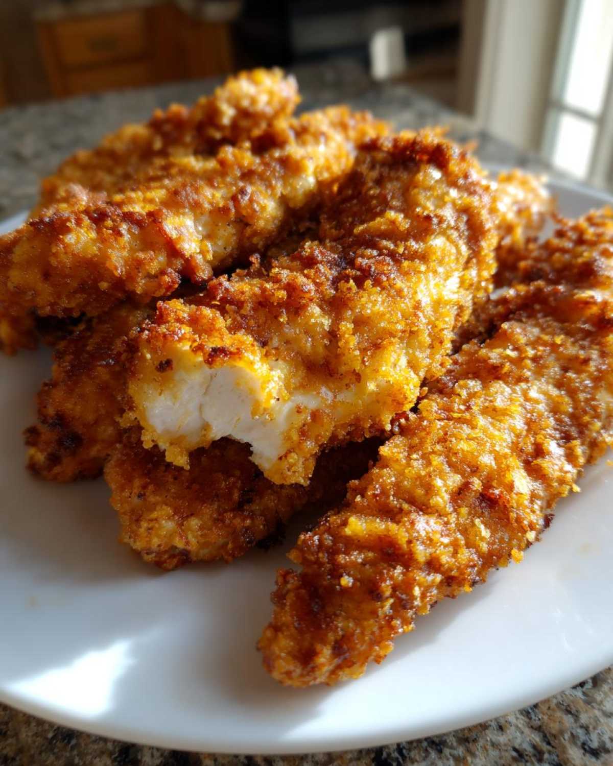 Close-up of golden brown Keto Crispy Pork Rind Chicken Tenders piled on a white plate, showing the crunchy coating and white interior.