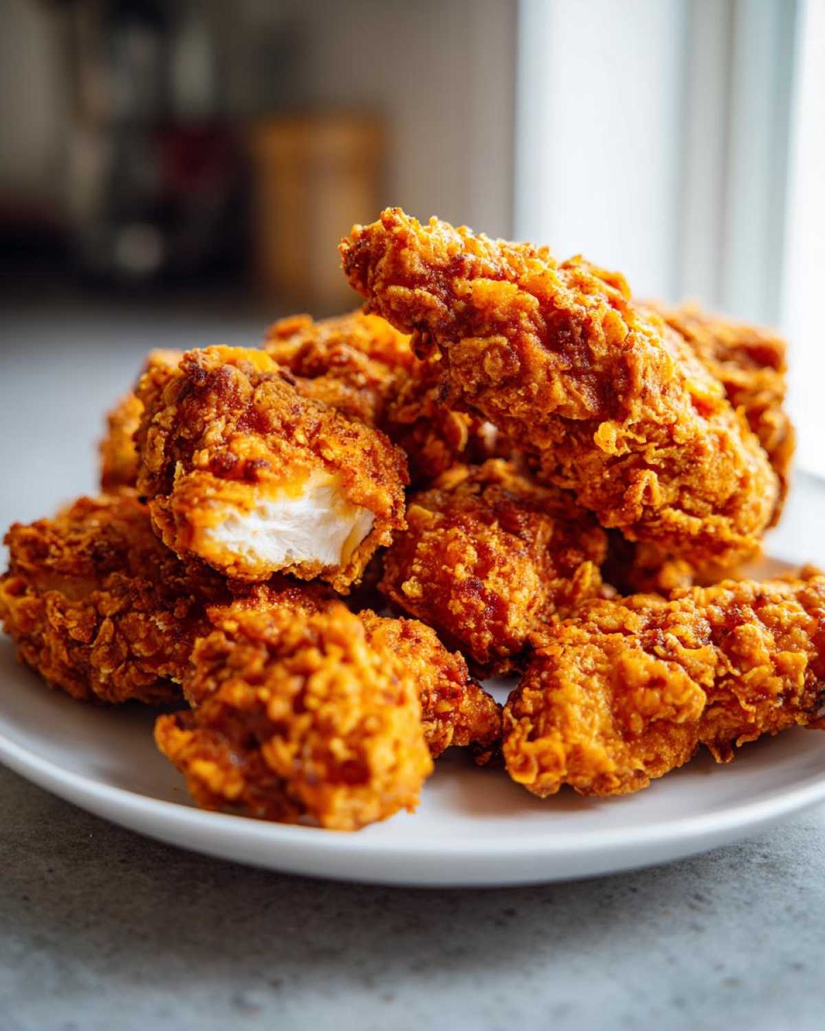 A close-up of a pile of golden-brown Keto Crispy Pork Rind Chicken Tenders on a white plate.
