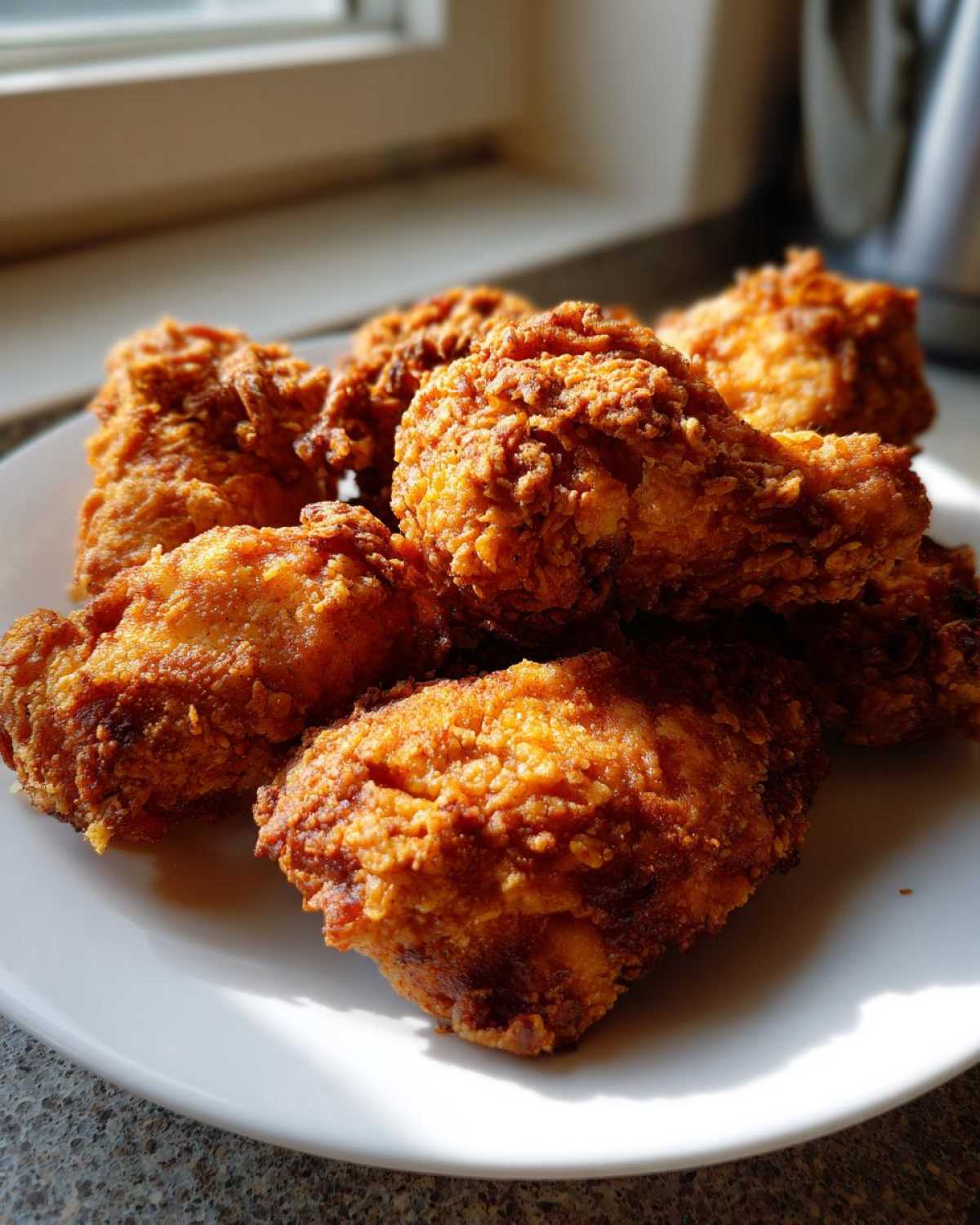 A pile of golden, crunchy Keto Crispy Pork Rind Chicken Tenders served on a white plate.