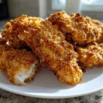 A pile of golden brown Keto Crispy Pork Rind Chicken Tenders served on a white plate, showing the crunchy coating.