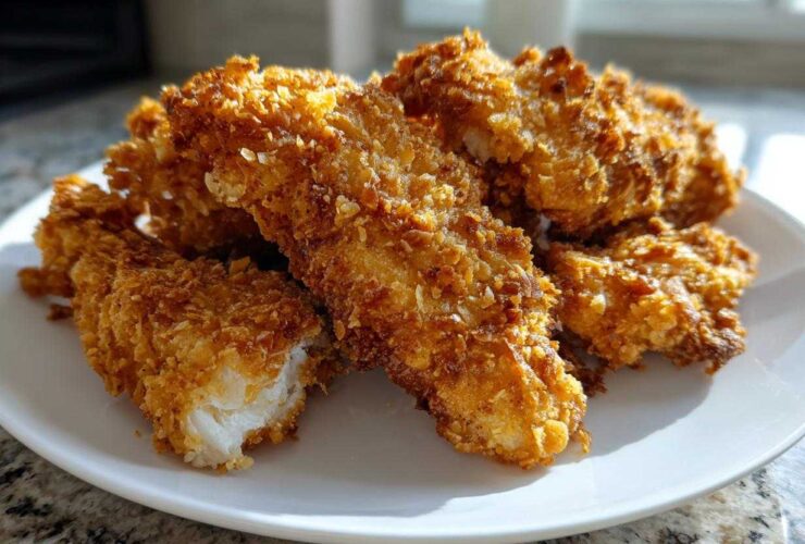 A pile of golden brown Keto Crispy Pork Rind Chicken Tenders served on a white plate, showing the crunchy coating.