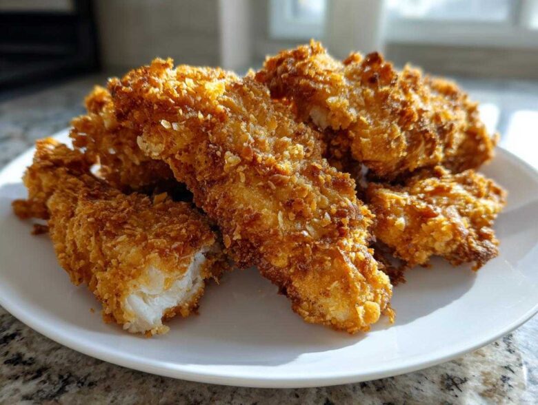 A pile of golden brown Keto Crispy Pork Rind Chicken Tenders served on a white plate, showing the crunchy coating.