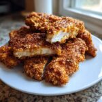 A pile of golden brown Keto Crispy Pork Rind Chicken Tenders stacked on a white plate, one is cut open showing white meat.