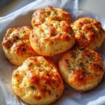 A close-up of six golden-brown Keto Everything Bagel Cloud Bread buns topped with seeds and herbs.