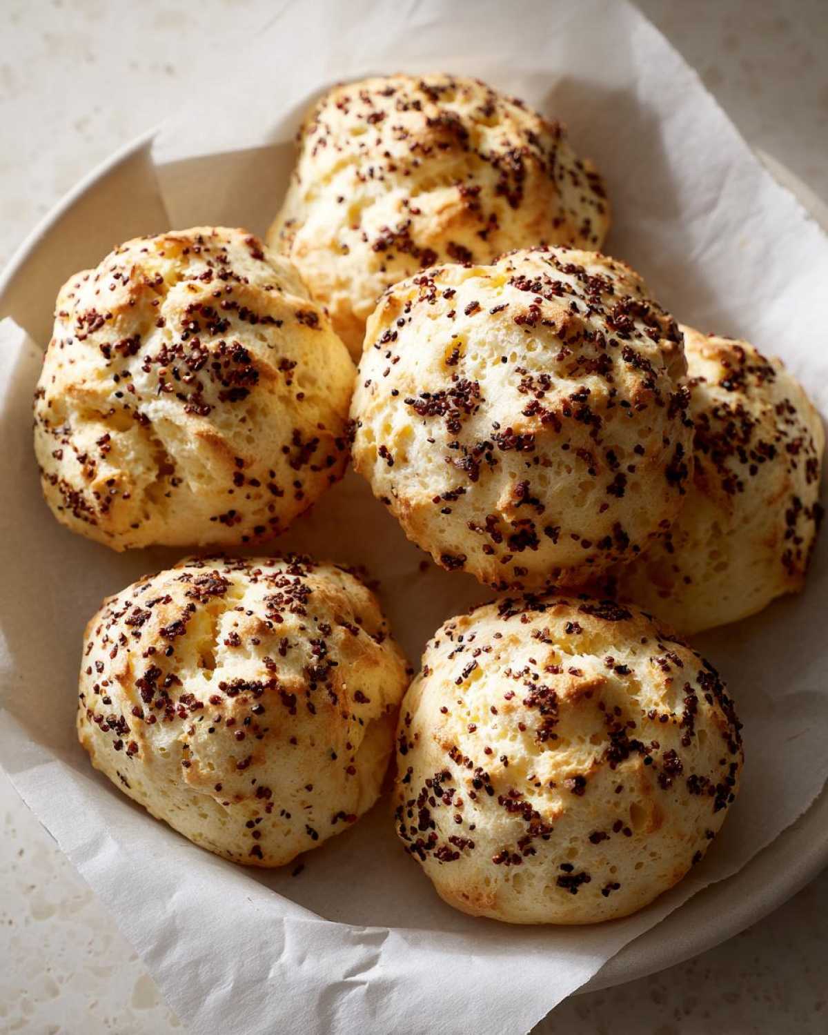 Five fluffy Keto Everything Bagel Cloud Bread buns topped with dark seeds, served on parchment paper.