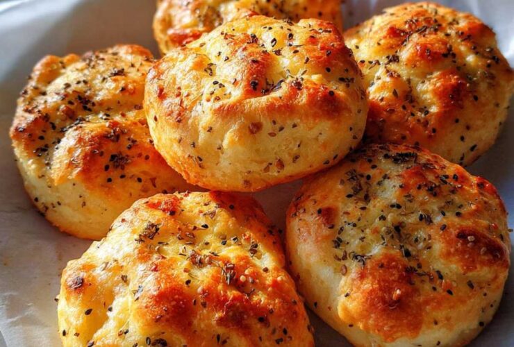 A close-up of six golden-brown Keto Everything Bagel Cloud Bread buns topped with seeds and herbs.
