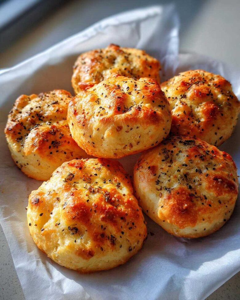 A close-up of six golden-brown Keto Everything Bagel Cloud Bread buns topped with seeds and herbs.