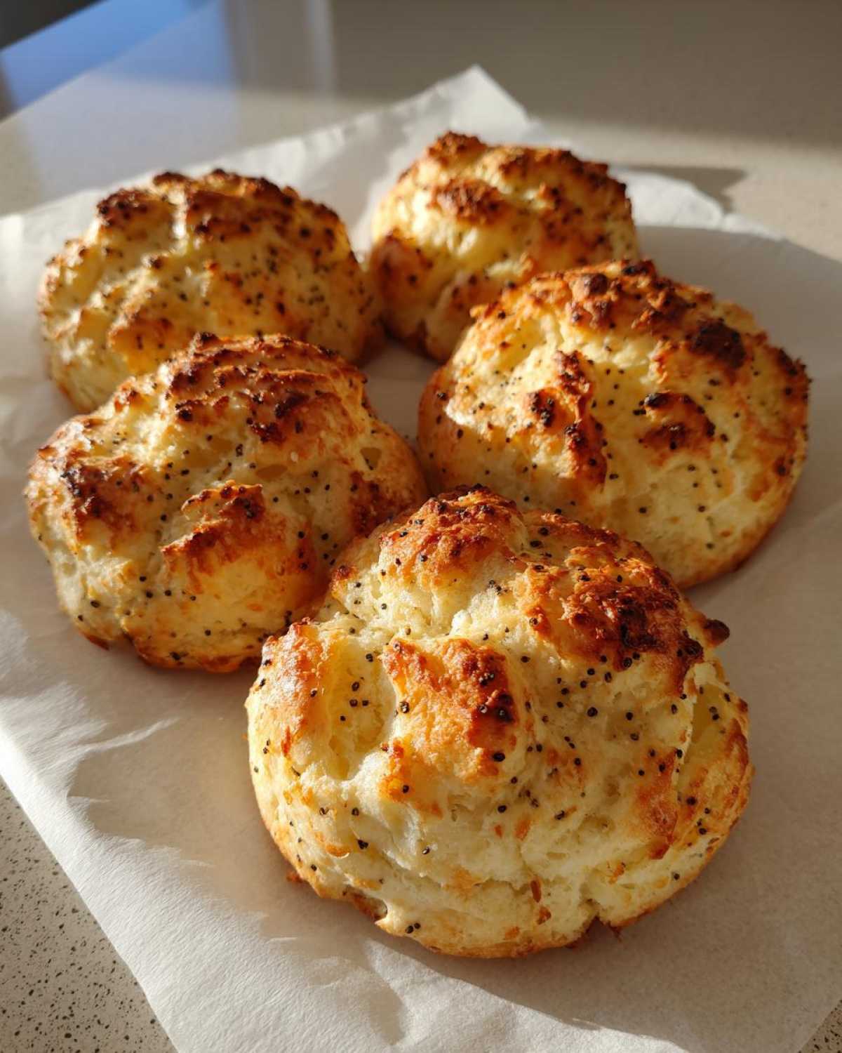 Five golden-brown Keto Everything Bagel Cloud Breads topped with poppy seeds, resting on parchment paper.