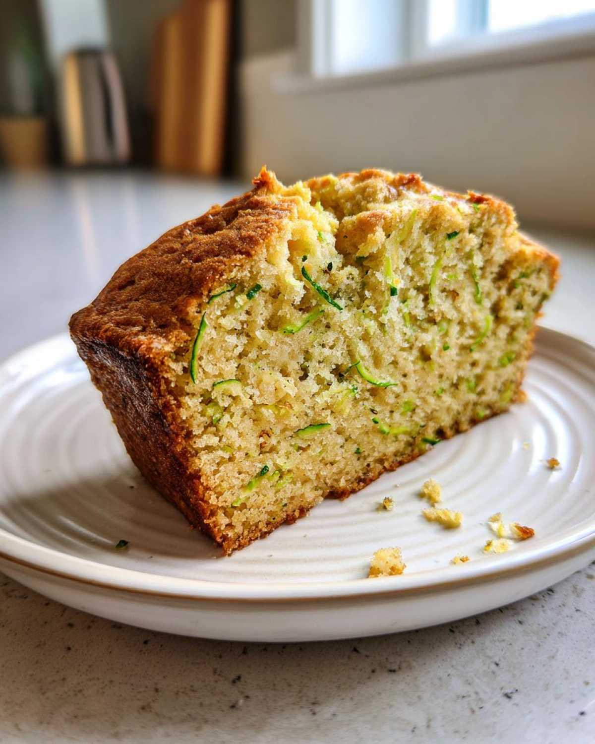 A thick slice of moist Zucchini Bread with visible green shreds, resting on a white plate.