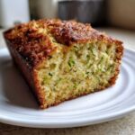 A thick slice of freshly baked Zucchini Bread showing moist crumb texture and visible green shreds of zucchini.