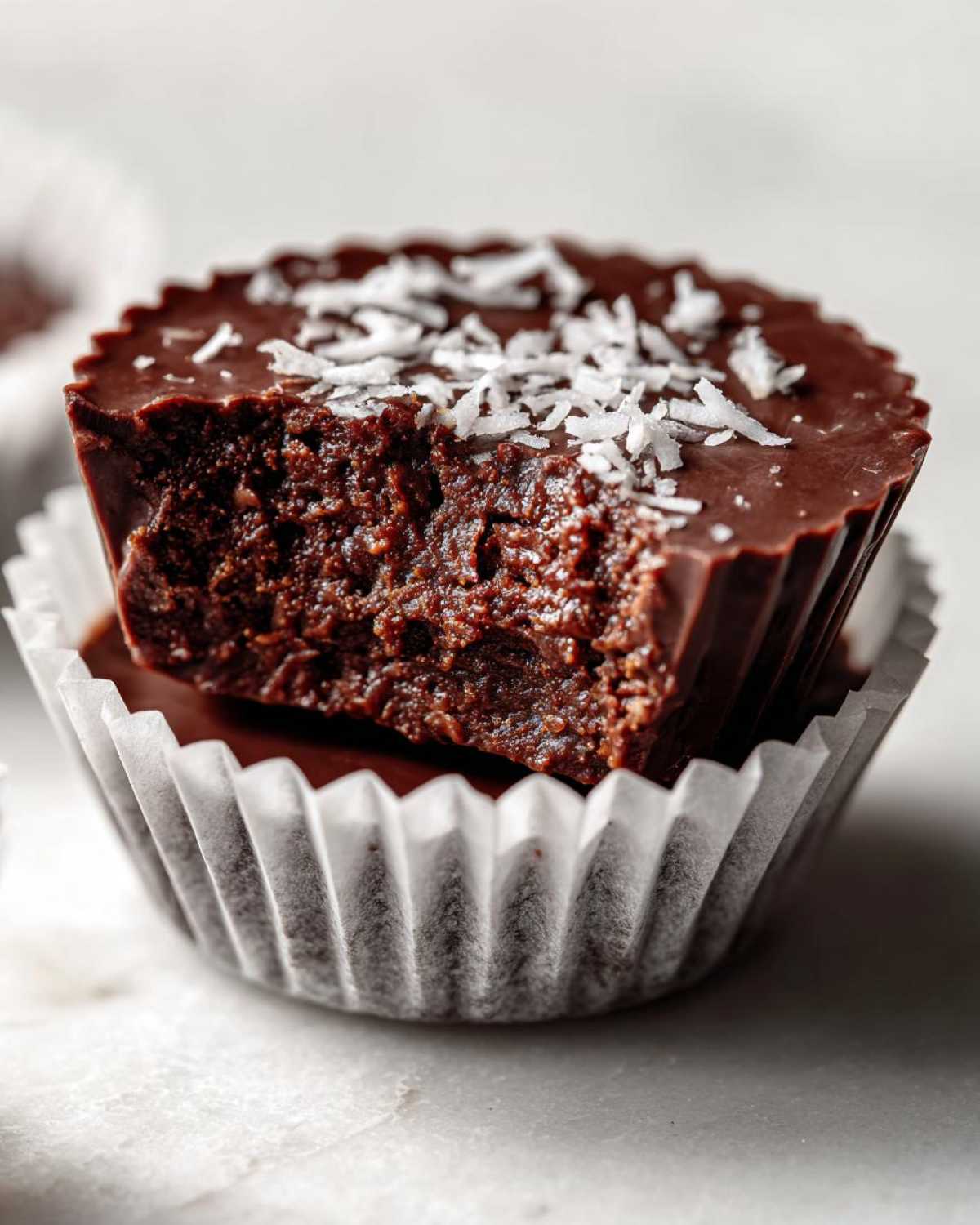 A close-up of a No-Bake Chocolate Coconut Protein Cup with a bite taken out, showing the rich interior and coconut flakes.