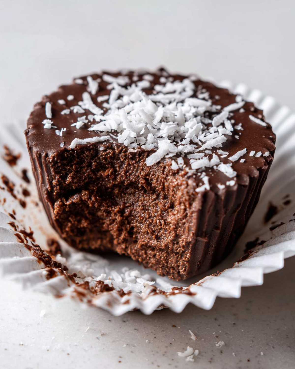Close-up of a No-Bake Chocolate Coconut Protein Cup with a bite taken out, topped with shredded coconut.