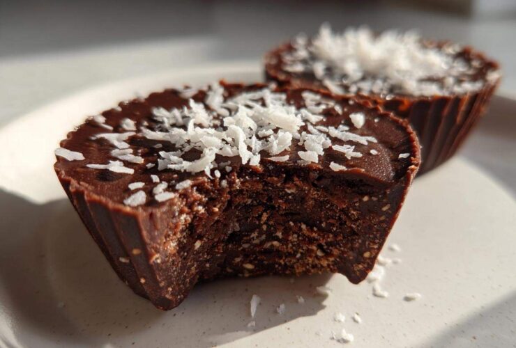 Close-up of a No-Bake Chocolate Coconut Protein Cups with a bite taken out, showing the textured interior and coconut flakes.