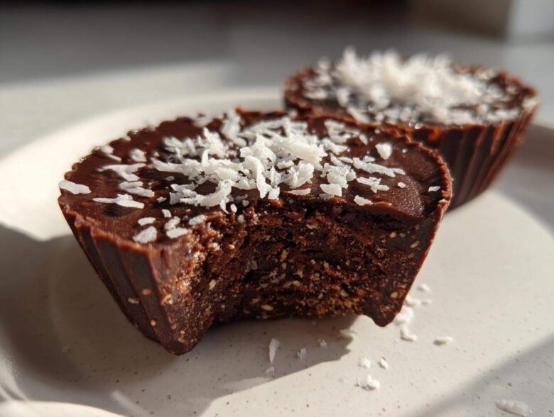 Close-up of a No-Bake Chocolate Coconut Protein Cups with a bite taken out, showing the textured interior and coconut flakes.