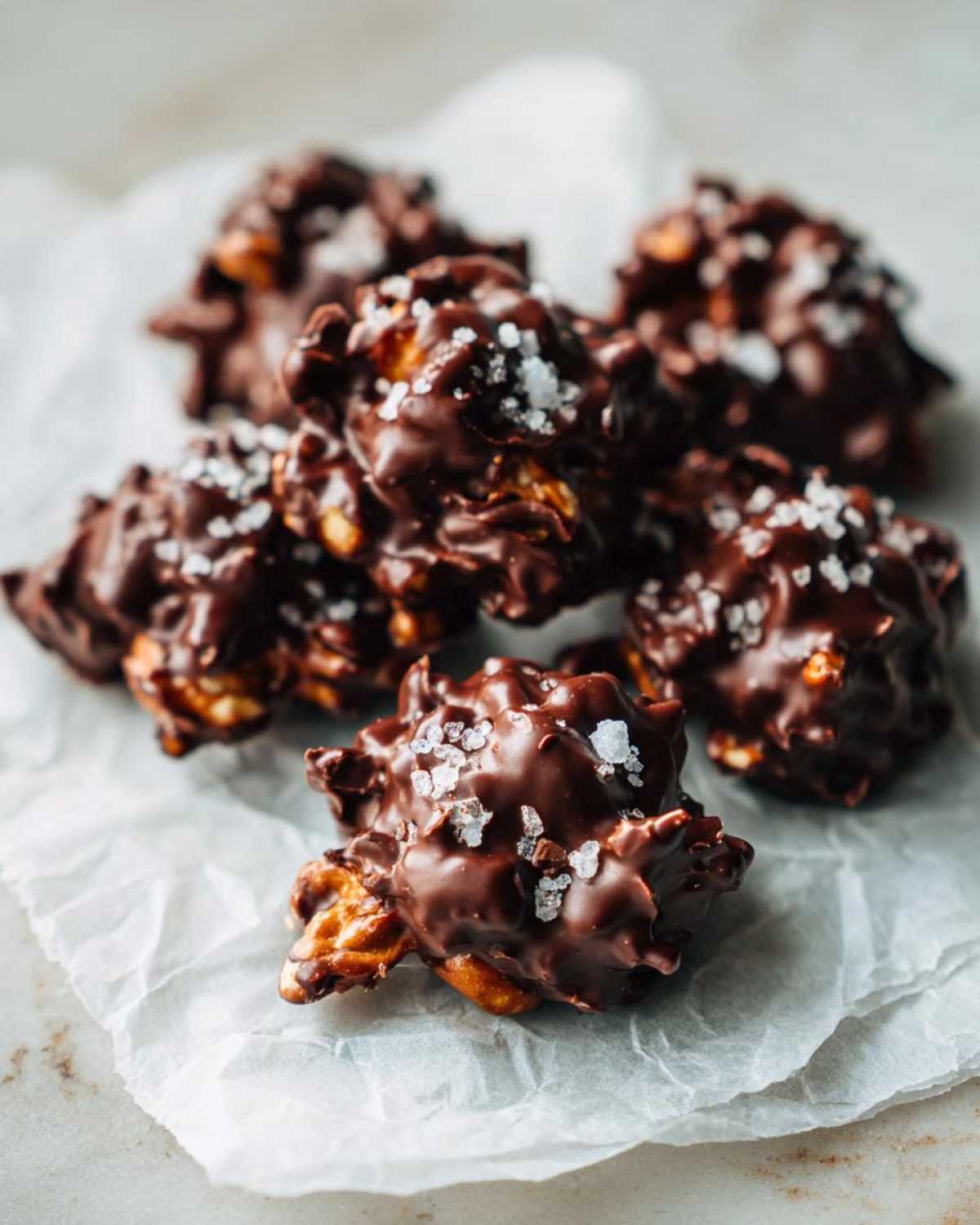 Close-up of several No-Bake Chocolate Covered Pretzel Clusters sprinkled with flaky sea salt.