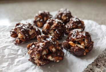 Several No-Bake Chocolate Covered Pretzel Clusters drizzled with dark chocolate and topped with flaky sea salt.