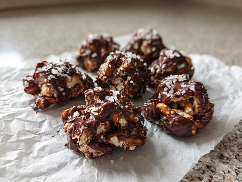 Several No-Bake Chocolate Covered Pretzel Clusters drizzled with dark chocolate and topped with flaky sea salt.