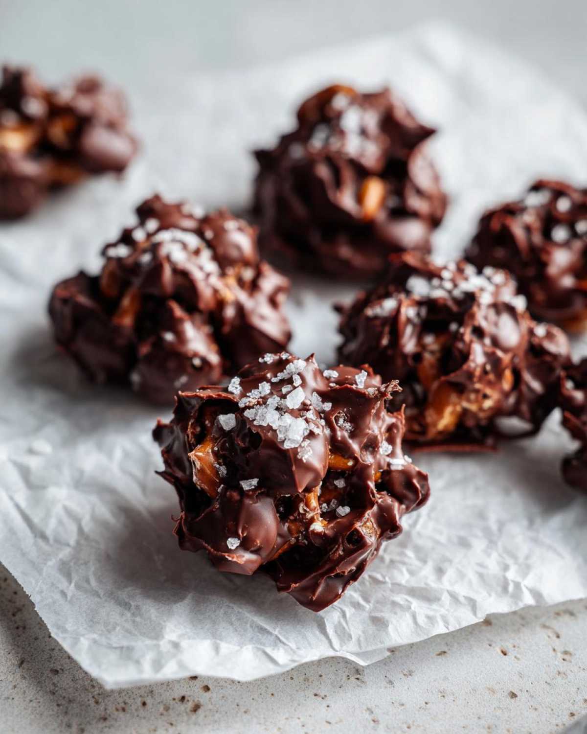 Close-up of several No-Bake Chocolate Covered Pretzel Clusters sprinkled with flaky sea salt.