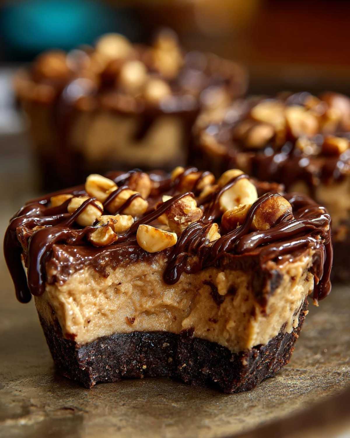 Close-up of a No-Bake Chocolate Hazelnut Cheesecake Cup with a bite taken out, showing the dark crust and creamy filling.