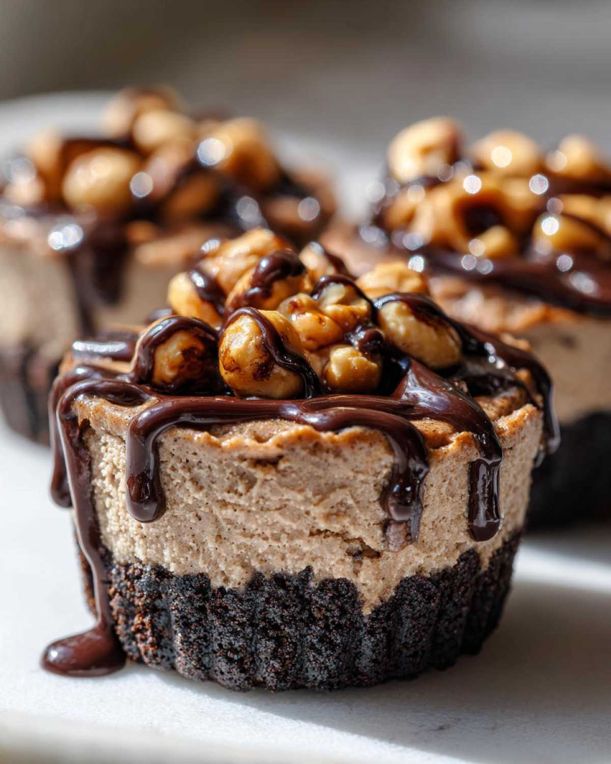 Close-up of a No-Bake Chocolate Hazelnut Cheesecake Cup with a dark crust, creamy filling, topped with hazelnuts and chocolate drizzle.