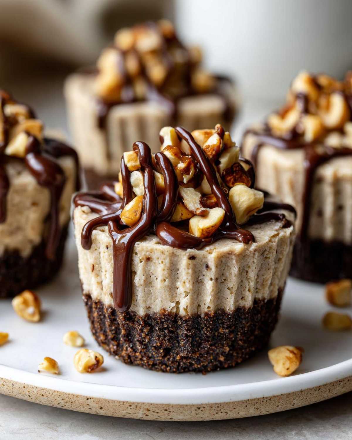 Close-up of a No-Bake Chocolate Hazelnut Cheesecake Cup topped with chocolate drizzle and chopped hazelnuts.