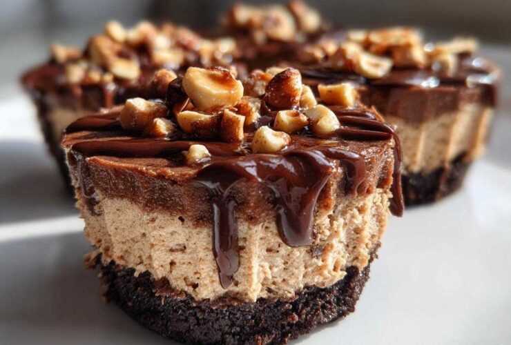 A close-up of a No-Bake Chocolate Hazelnut Cheesecake Cup with dripping chocolate ganache and chopped hazelnuts.