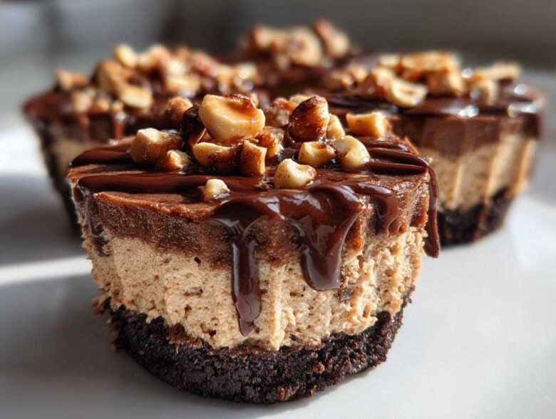 A close-up of a No-Bake Chocolate Hazelnut Cheesecake Cup with dripping chocolate ganache and chopped hazelnuts.