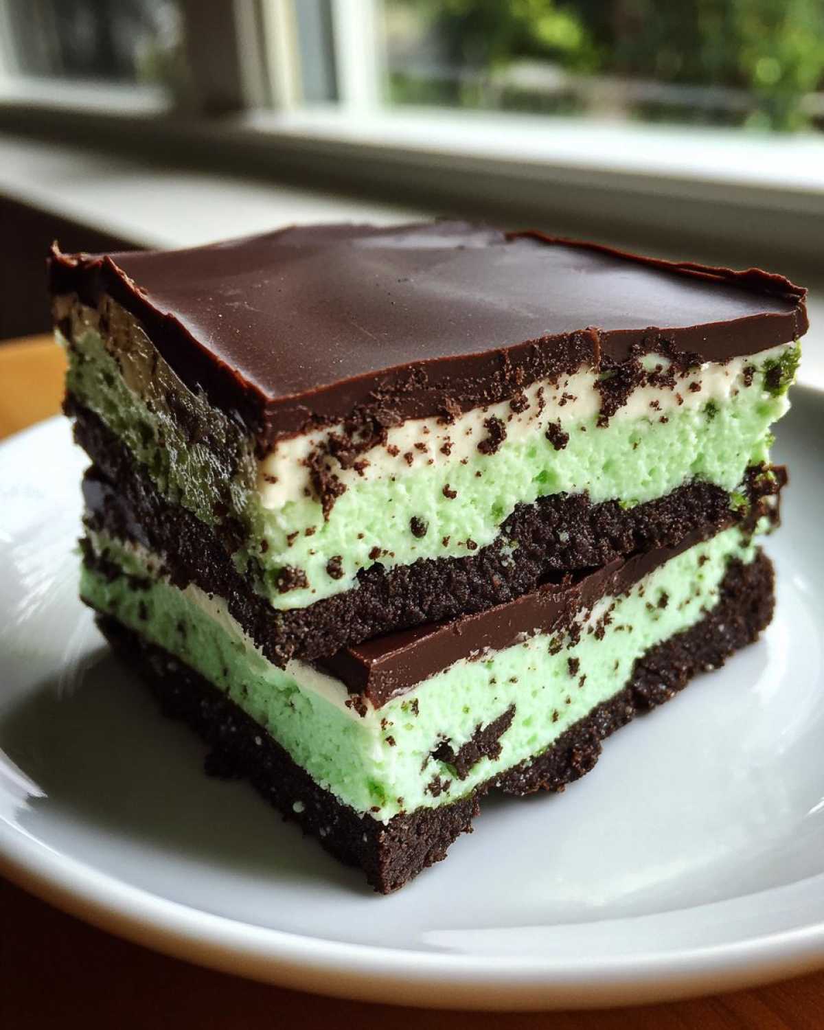 A layered square of No-Bake Chocolate Mint Icebox Bars with chocolate crust, mint filling, and ganache topping.
