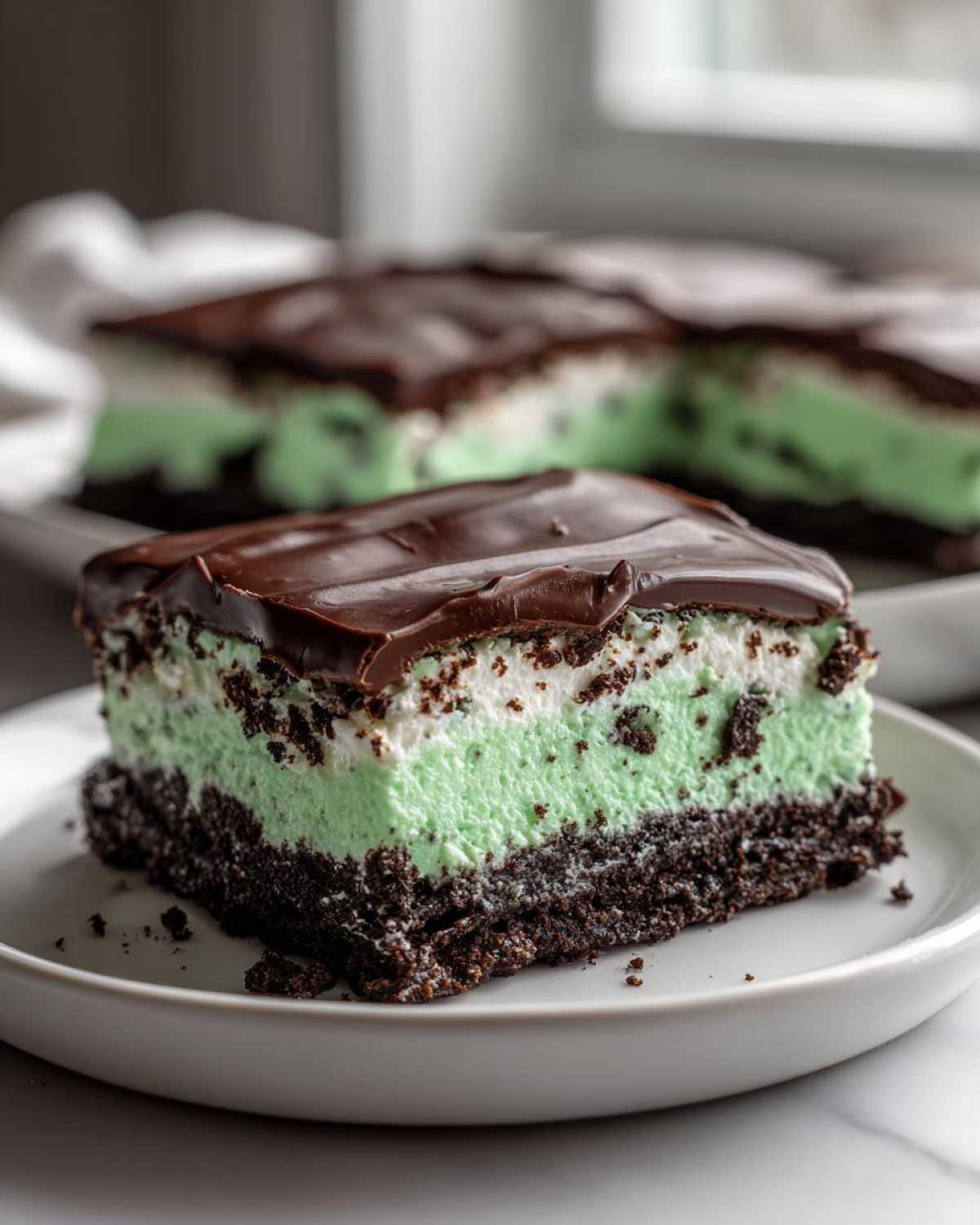 A close-up of a layered No-Bake Chocolate Mint Icebox Bars slice on a white plate.