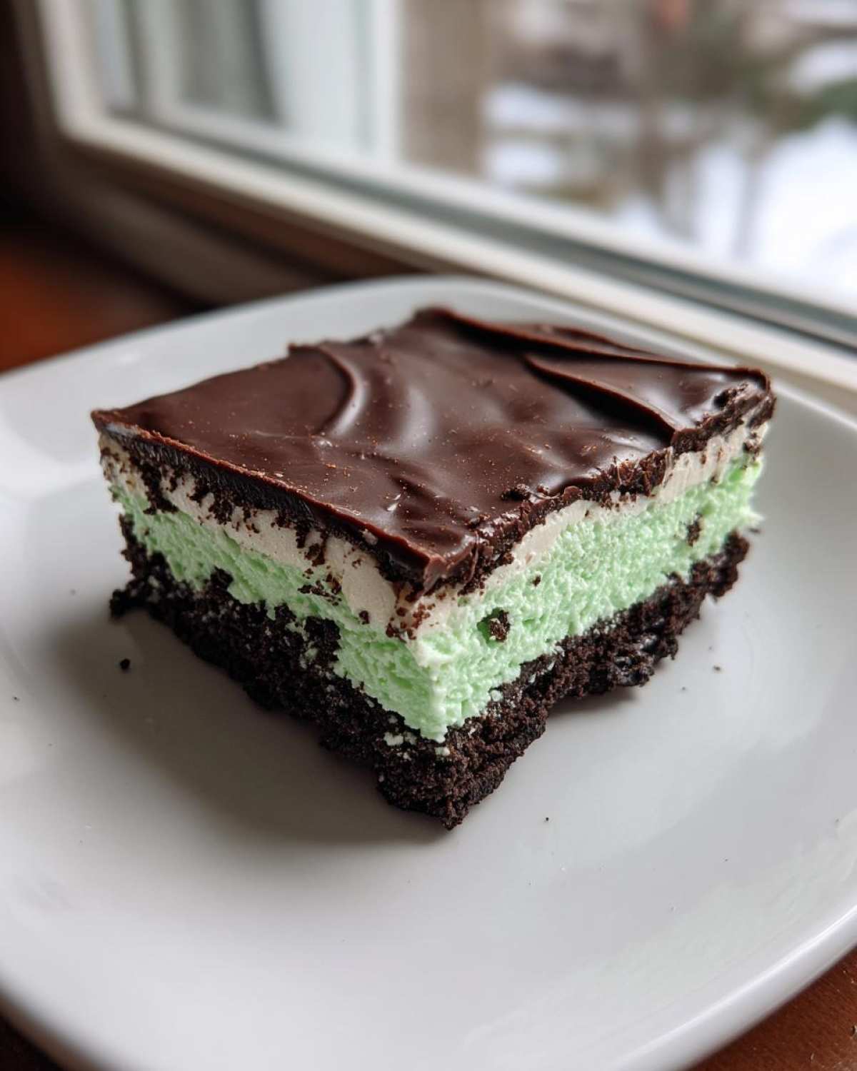 A square serving of No-Bake Chocolate Mint Icebox Bars with a dark crust, mint filling, and chocolate topping.