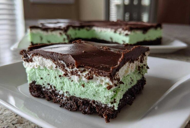 A close-up of a layered No-Bake Chocolate Mint Icebox Bars slice with chocolate crust, mint filling, and chocolate ganache.