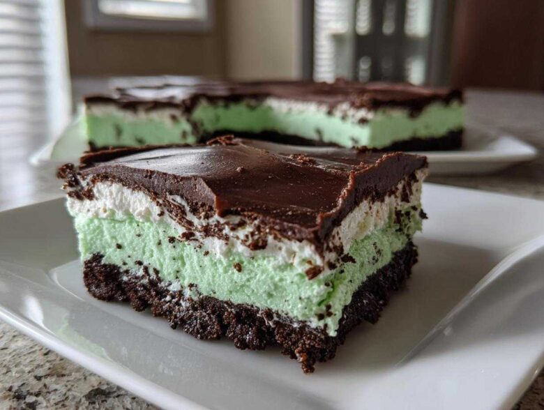 A close-up of a layered No-Bake Chocolate Mint Icebox Bars slice with chocolate crust, mint filling, and chocolate ganache.