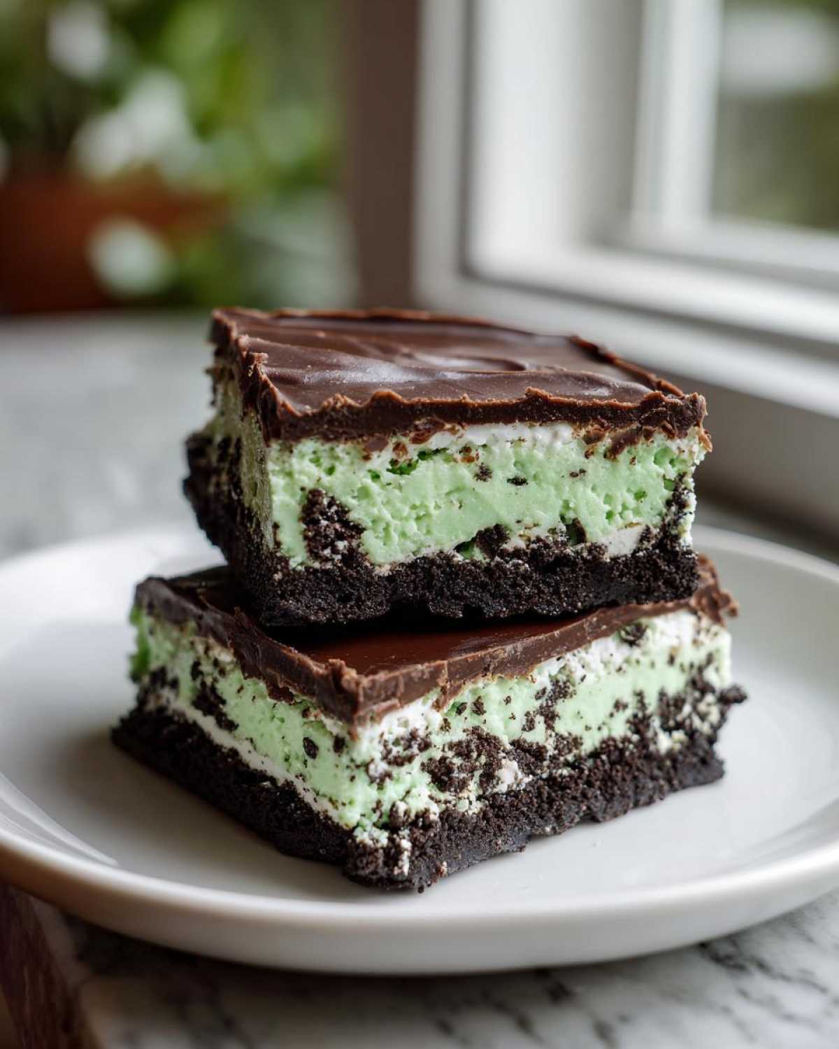 Two stacked squares of No-Bake Chocolate Mint Icebox Bars featuring a dark crust, mint filling, and chocolate topping.