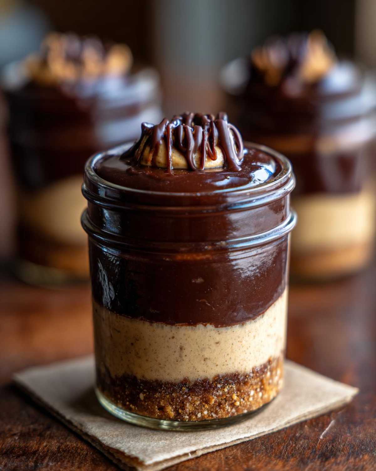 Close-up of a layered No-Bake Chocolate Peanut Butter Pie Jar topped with chocolate drizzle.