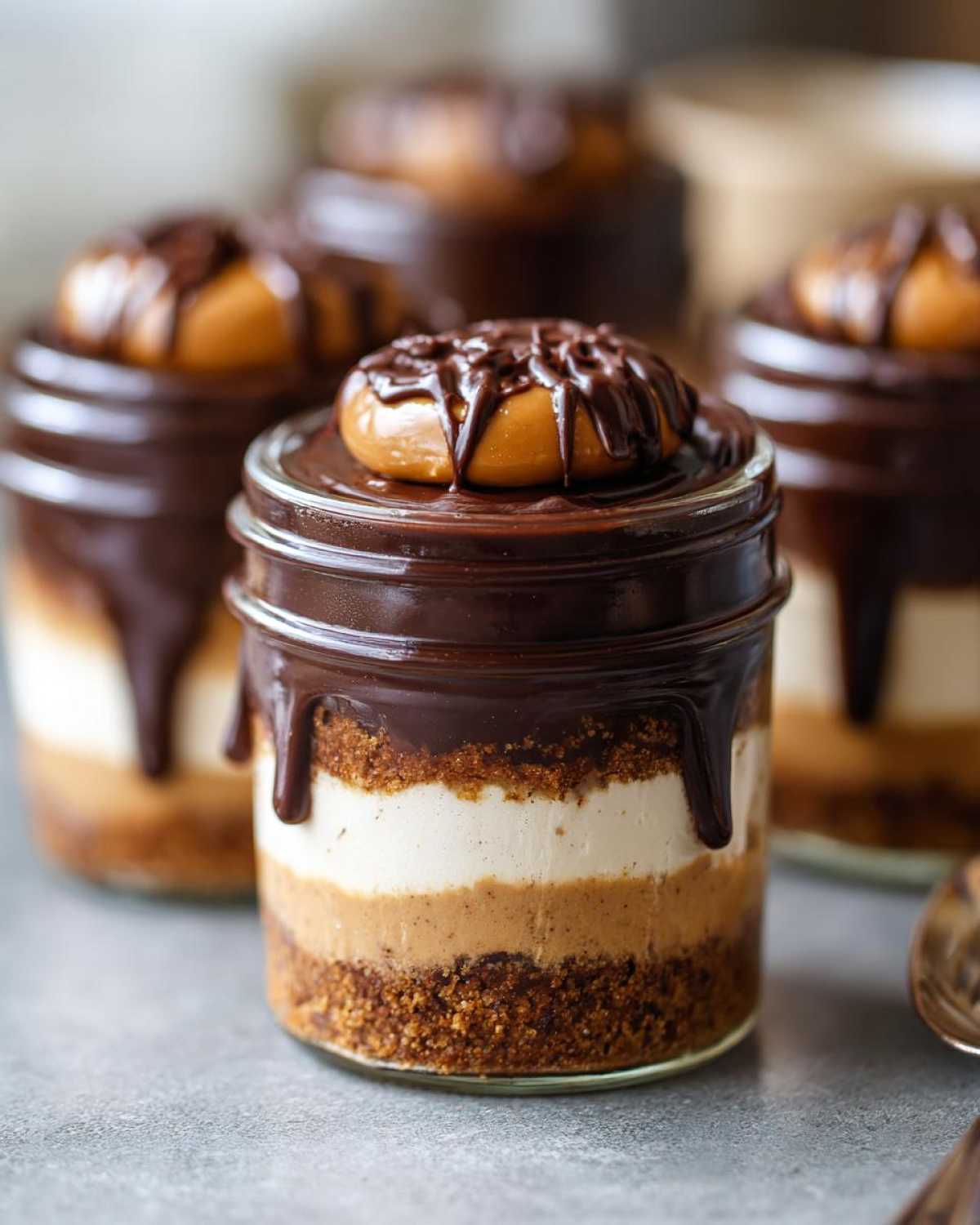 Close-up of No-Bake Chocolate Peanut Butter Pie Jars showing layers of crust, peanut butter filling, cream filling, and chocolate ganache topping.