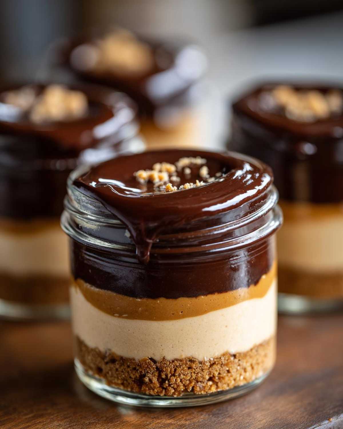 Close-up of a No-Bake Chocolate Peanut Butter Pie Jars showing graham cracker crust, peanut butter filling, and chocolate ganache topping.