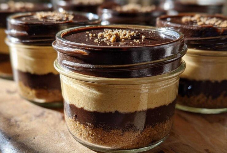 Close-up of layered No-Bake Chocolate Peanut Butter Pie Jars with crust, peanut butter filling, chocolate ganache, and crumble topping.