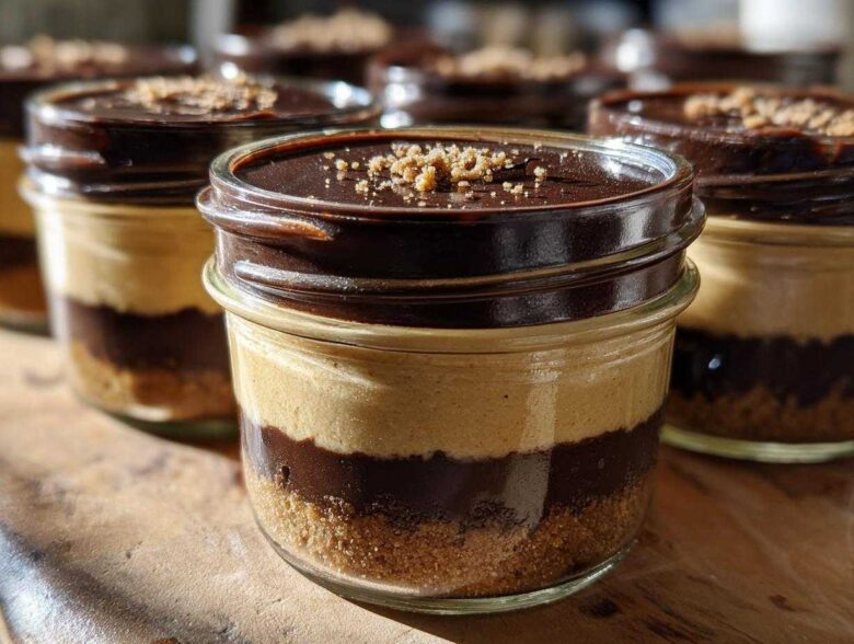 Close-up of layered No-Bake Chocolate Peanut Butter Pie Jars with crust, peanut butter filling, chocolate ganache, and crumble topping.