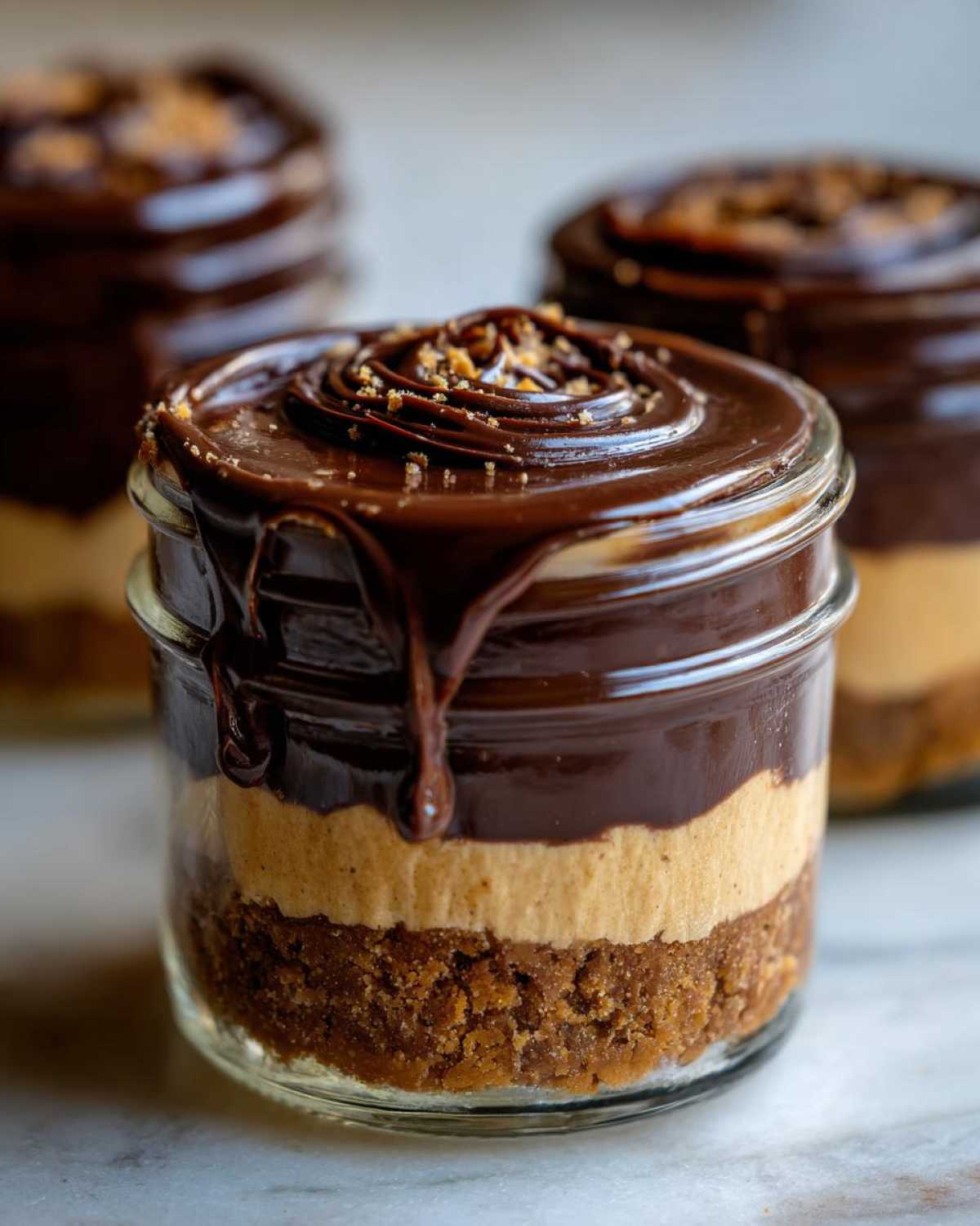 A close-up view of a single serving of No-Bake Chocolate Peanut Butter Pie Jars with a thick chocolate ganache topping.