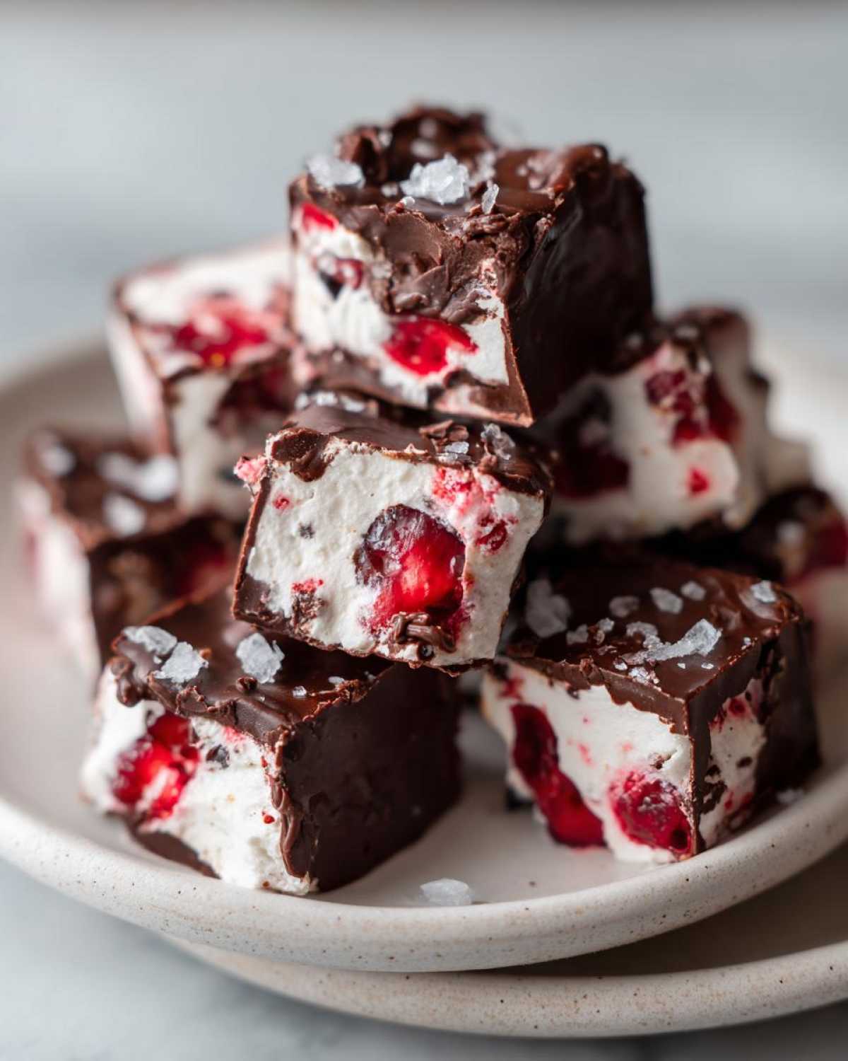 Close-up of stacked No-Bake Chocolate Strawberry Yogurt Clusters covered in dark chocolate and sea salt.